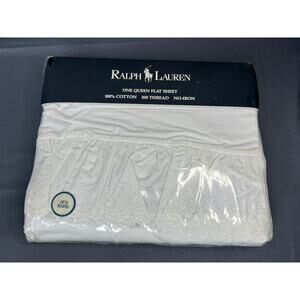 Vintage Ralph Lauren Home White Queen Flat Ruffled Eyelet Sheet NOS